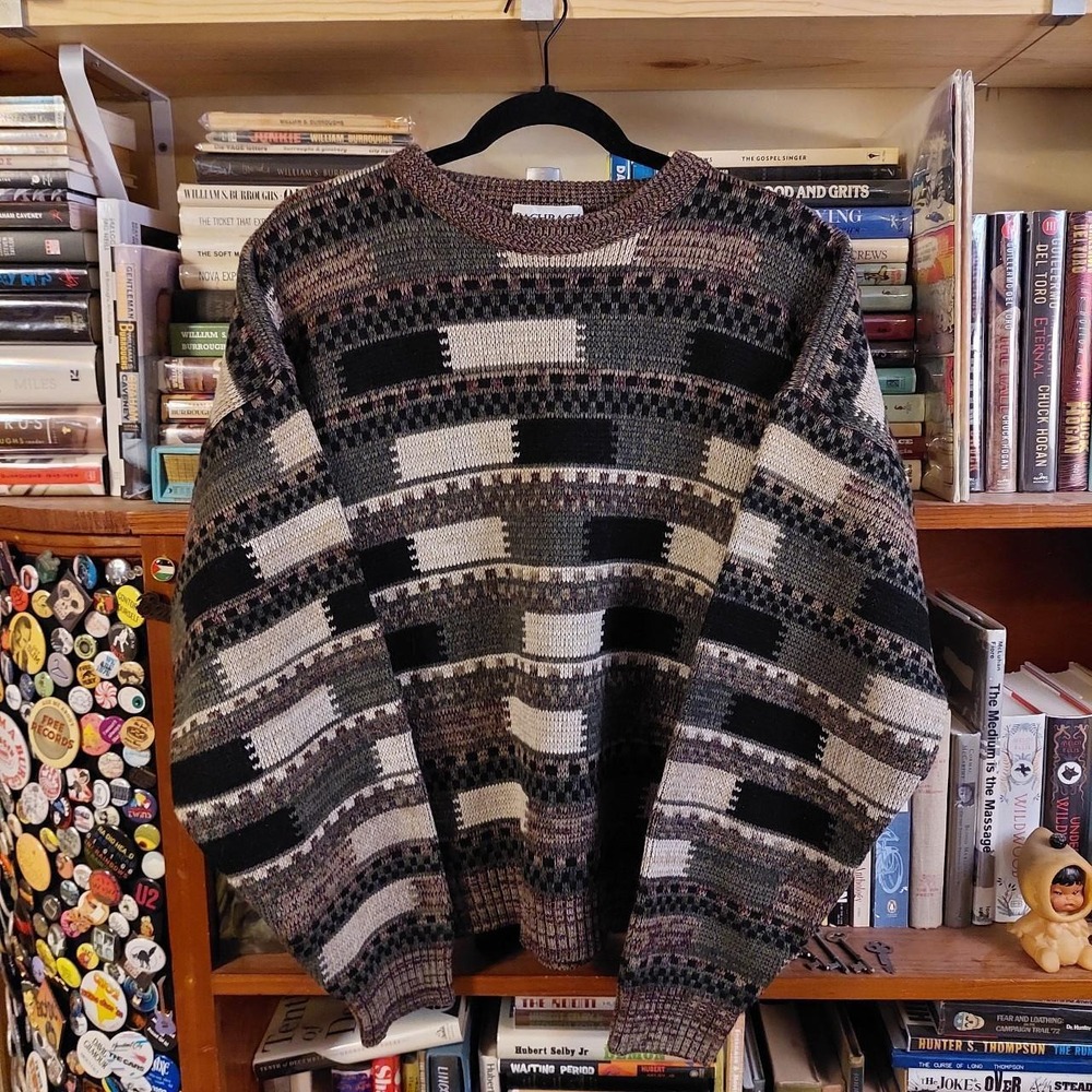 Vintage Bachrach 90s Chunky Wool Blend Sweater XL Green Black Cream Geometric
